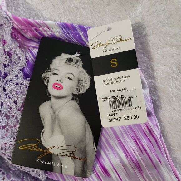 Marilyn Monroe One Piece SwimSuit Women's Small Purple Pink Lace Deep V Halter - Picture 7 of 7